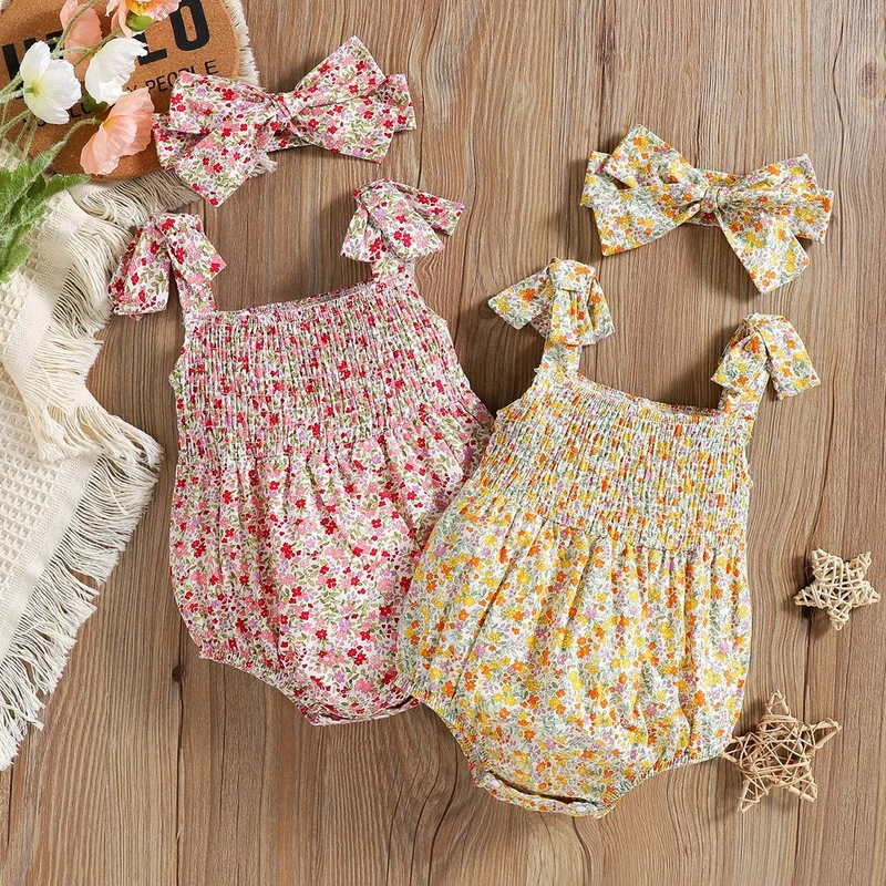 Floral Strap Smocked Baby Girl Romper
