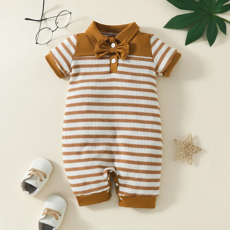 Waffle Stripe Baby Boy Short Sleeve Romper