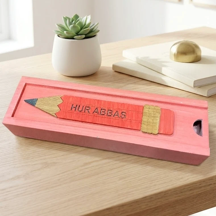 HUR ABBAS - Wooden Pencil Box with Sliding Top - Pink