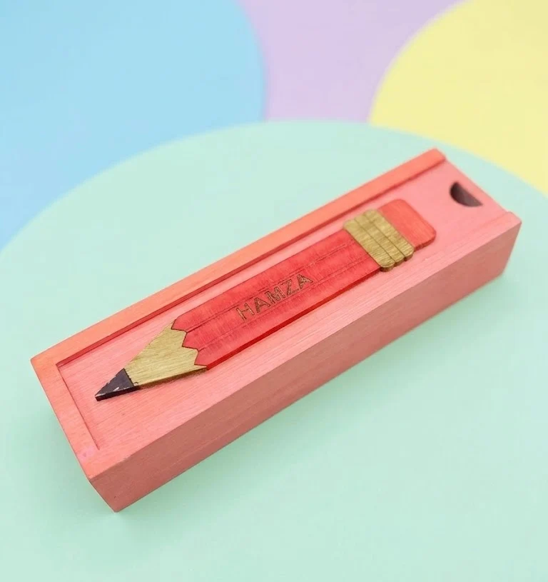 HAMZA - Wooden Pencil Box with Sliding Top - Pink