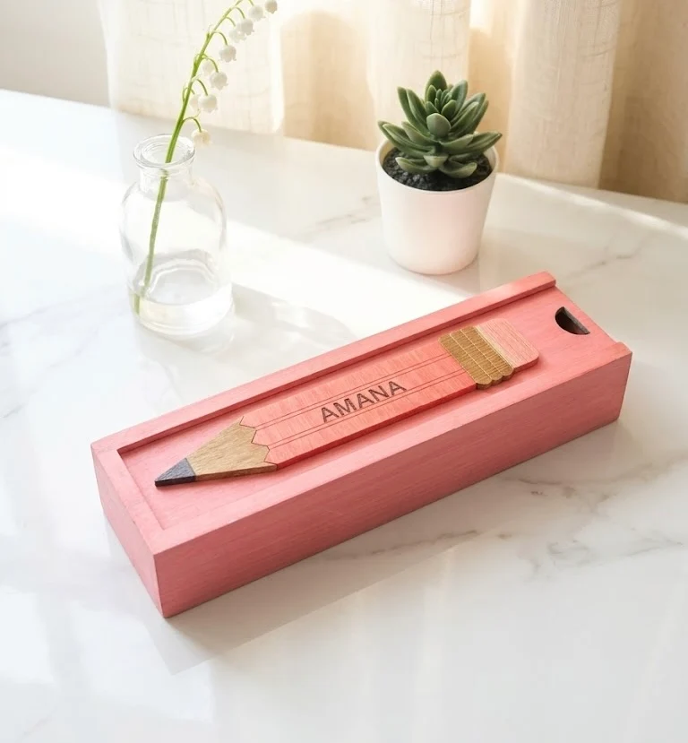 AMANA - Wooden Pencil Box with Sliding Top - Pink