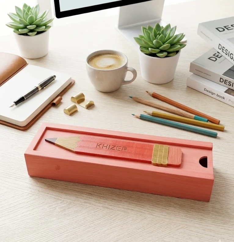 KHIZER - Wooden Pencil Box with Sliding Top - Pink