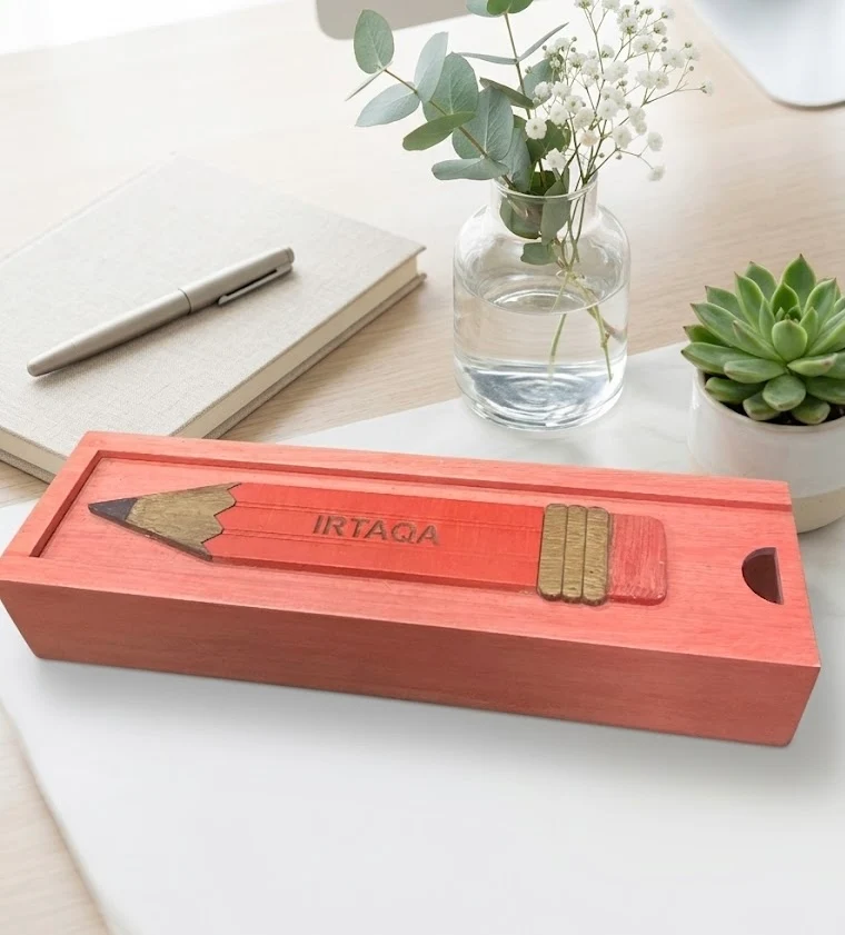 IRTAQA - Wooden Pencil Box with Sliding Top - Pink