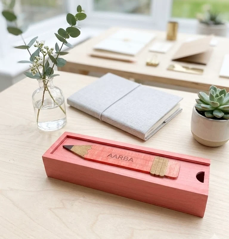 AARBA - Wooden Pencil Box with Sliding Top - Pink