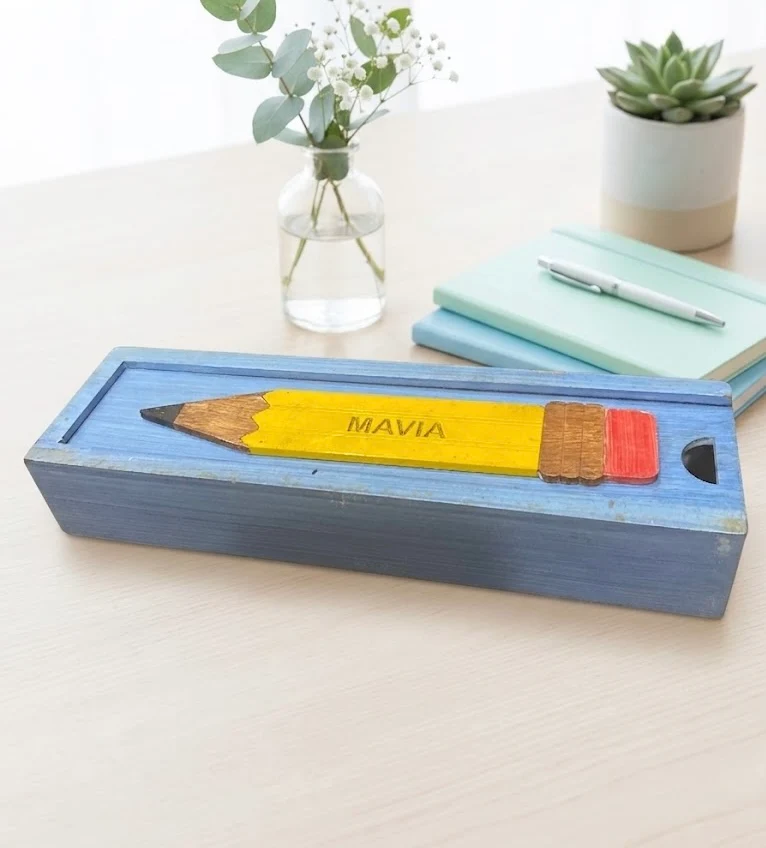 MAVIA - Wooden Pencil Box with Sliding Top - Blue