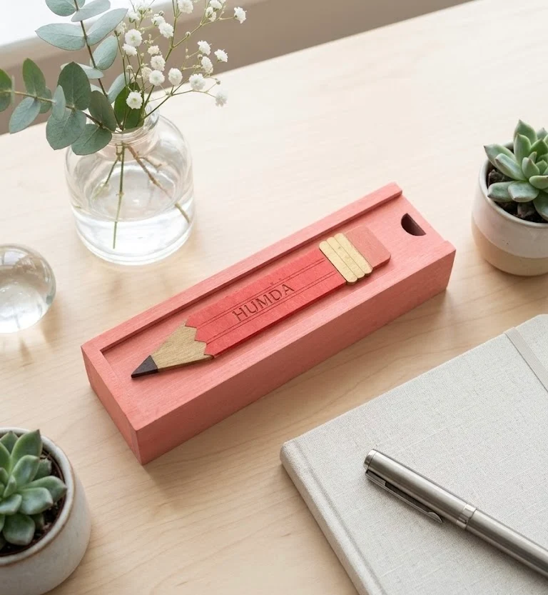 HUMDA - Wooden Pencil Box with Sliding Top - Pink
