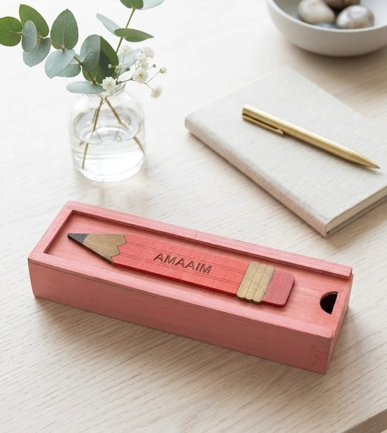 AMAAIM - Wooden Pencil Box with Sliding Top - Pink