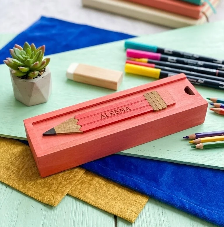 ALEENA - Wooden Pencil Box with Sliding Top - Pink