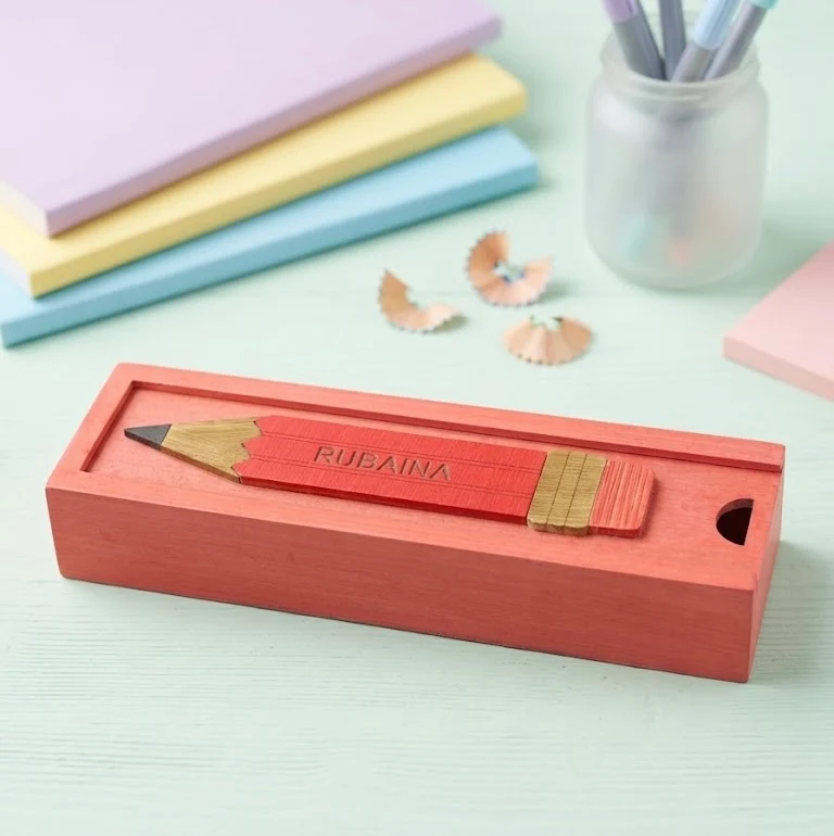 RUBAINA - Wooden Pencil Box with Sliding Top - Pink