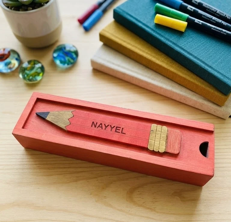 NAYYEL - Wooden Pencil Box with Sliding Top - Pink