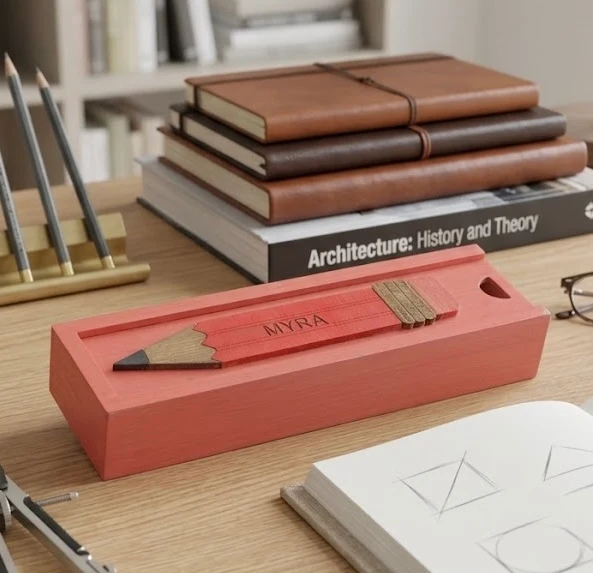 MYRA - Wooden Pencil Box with Sliding Top - Pink