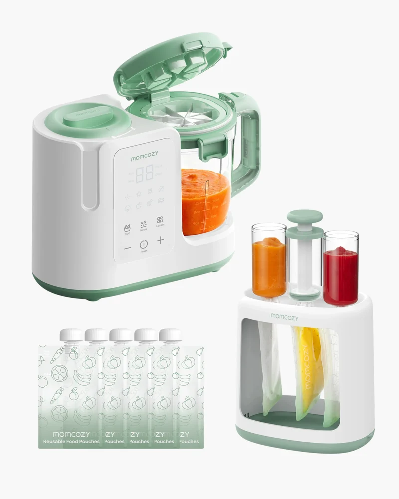 Cook-to-Pouch Bundle: AutoMeal Baby Food Maker + Squeeze Station with 5 Reusable Pouches