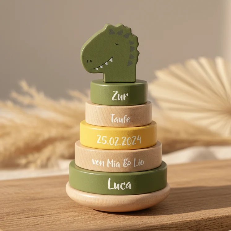 Stapelturm Holz Herr Dino – Geschenk zur Taufe | Schmatzepuffer