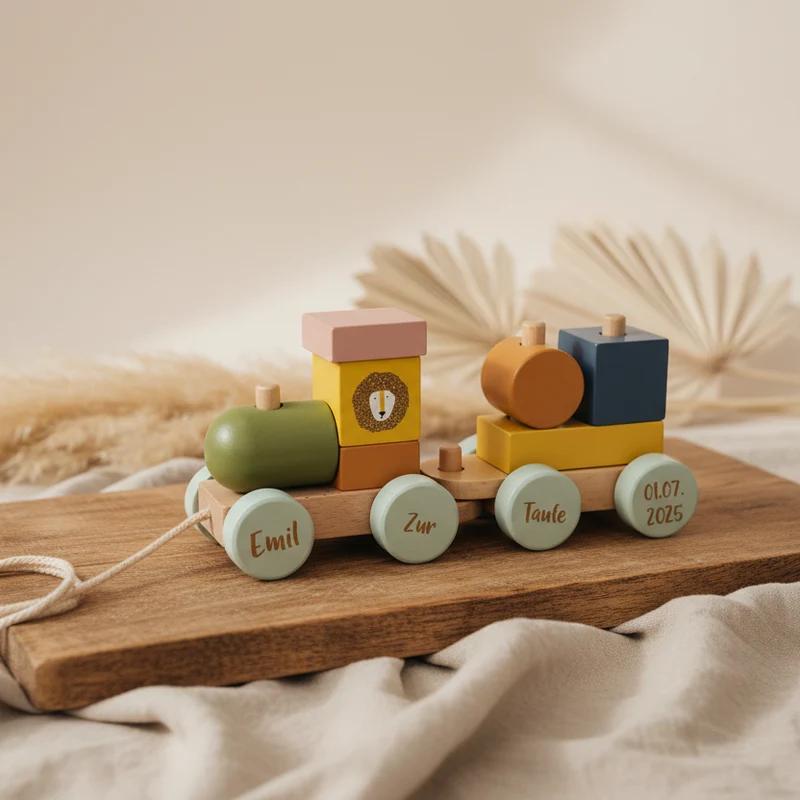 Personalisierter Holzzug zur Taufe mit Name – Tiermotiv