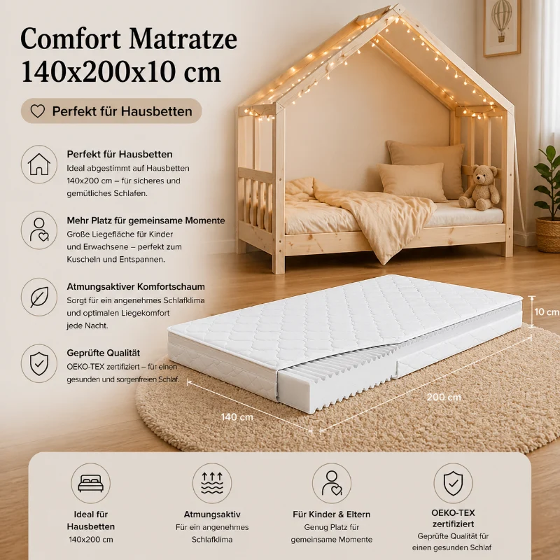 Kindermatratze 140x200 cm mit Nässeschutz für Hausbett | tiSsi®