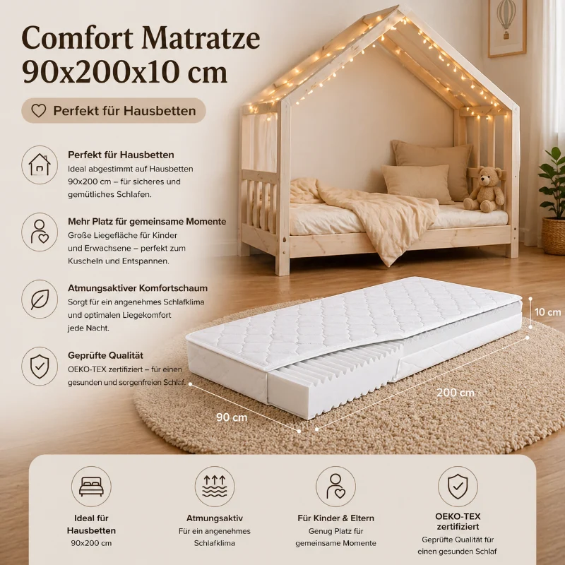 Kinder- & Jugendmatratze 90x200x10 cm für Hausbett & Kinderbett – Schaumkernmatratze mit Nässeschutz | Zöllner x tiSsi®