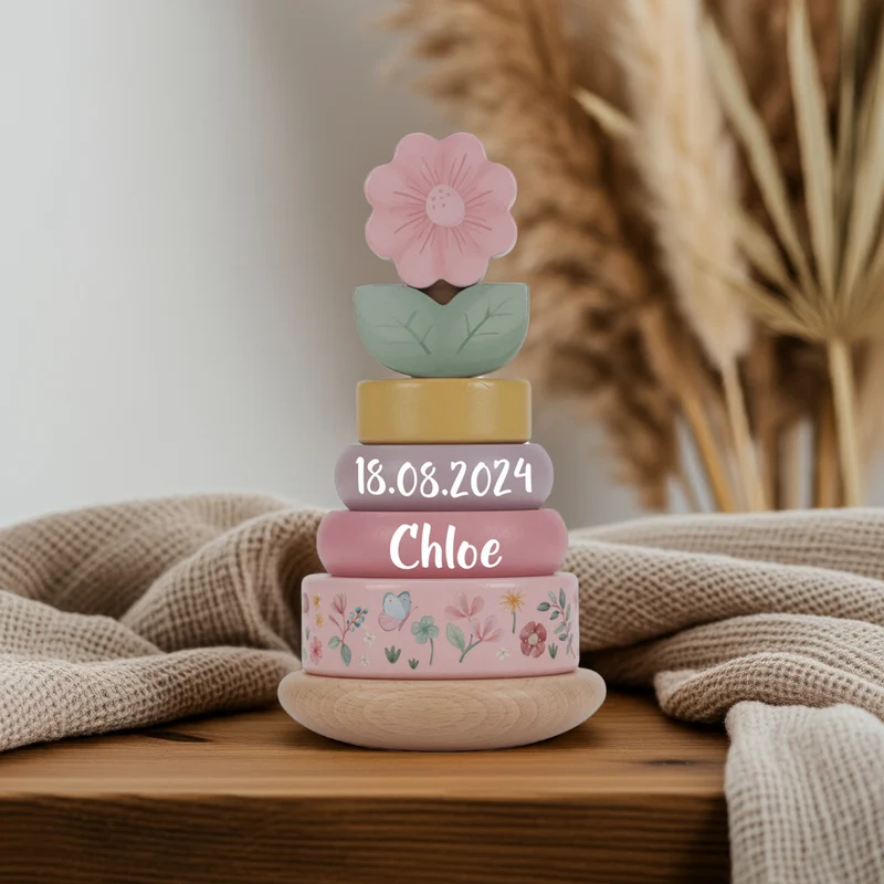 Personalisierter Holz-Stapelturm zur Geburt – Fairy Garden
