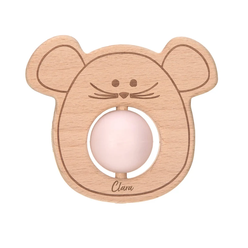 Lässig Greifling mit Beißhilfe Maus Natur/Rosa | personalisierbar
