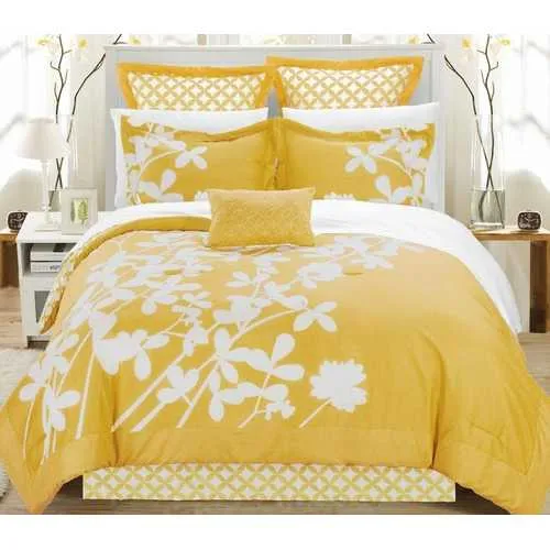 Queen size Yellow 7-Piece Floral Bed in a Bag Comforter Set