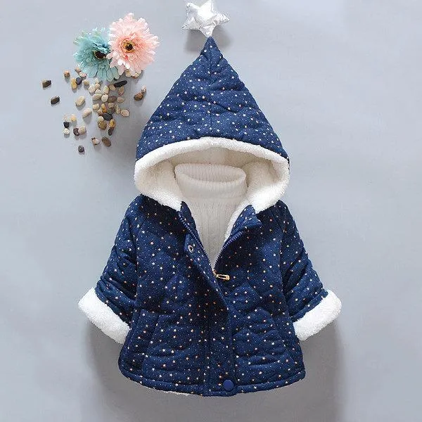 Cute Baby Star Print Thick Hooded Fur Cotton-Padded Jacket
