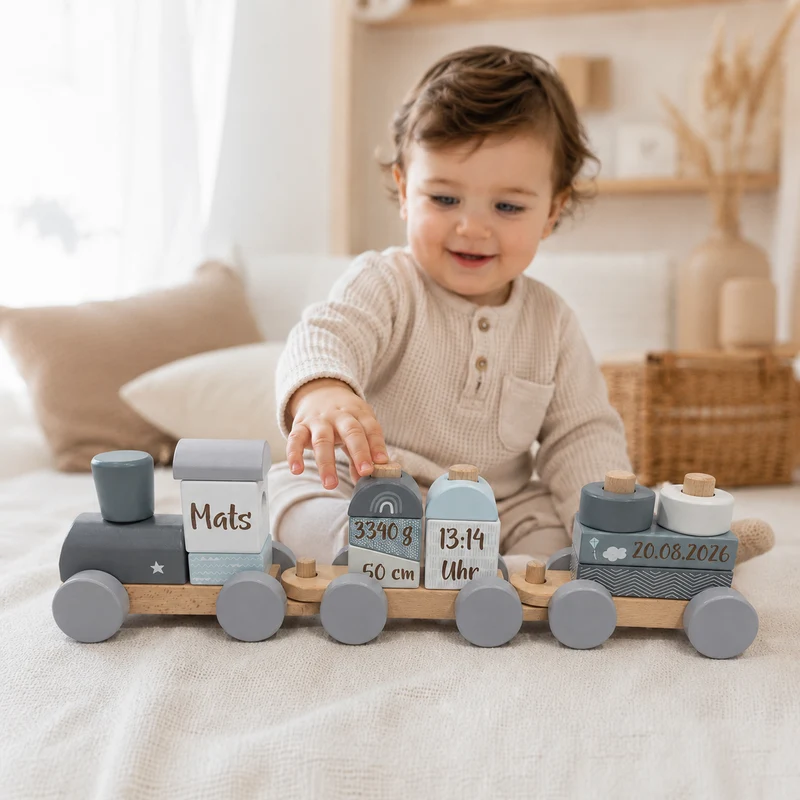 Personalisierter Holzzug zur Geburt mit Name & Geburtsdaten – Blau