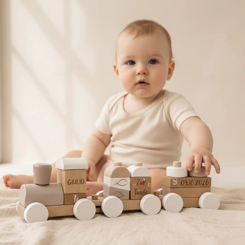 Personalisierter Holzzug zur Taufe mit Name & Taufdatum – Nougat