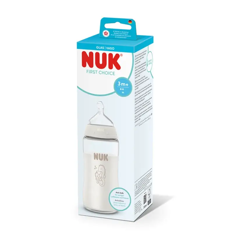 NUK First Choice+ Glass Baby Bottle, 240 ml, M Teat, 3m+, Seahorse