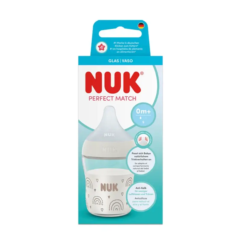 NUK Perfect Match Glass Baby Bottle 120 ml, Teat Size S, 0m+, Rainbow