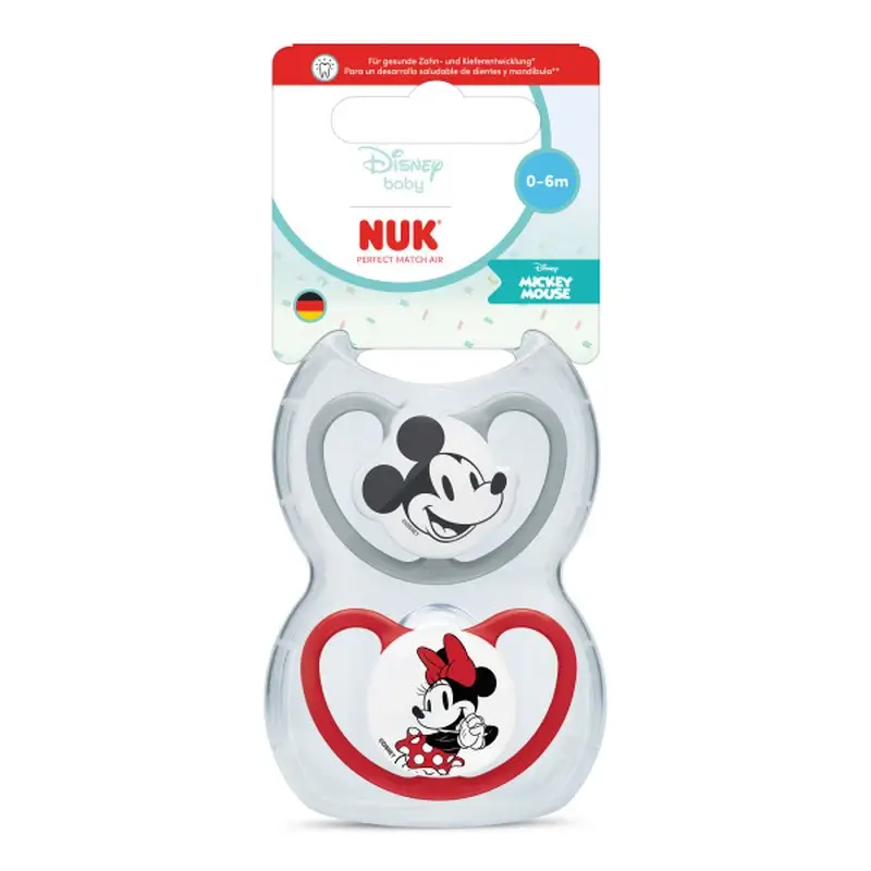 NUK Perfect Match Air Silicone Dummy T1 0–6 months Mickey Mouse Red/Grey, 2 pcs