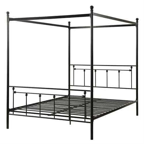 Queen Sturdy Metal Platform Bed Frame with Canopy in Black Metal Finish