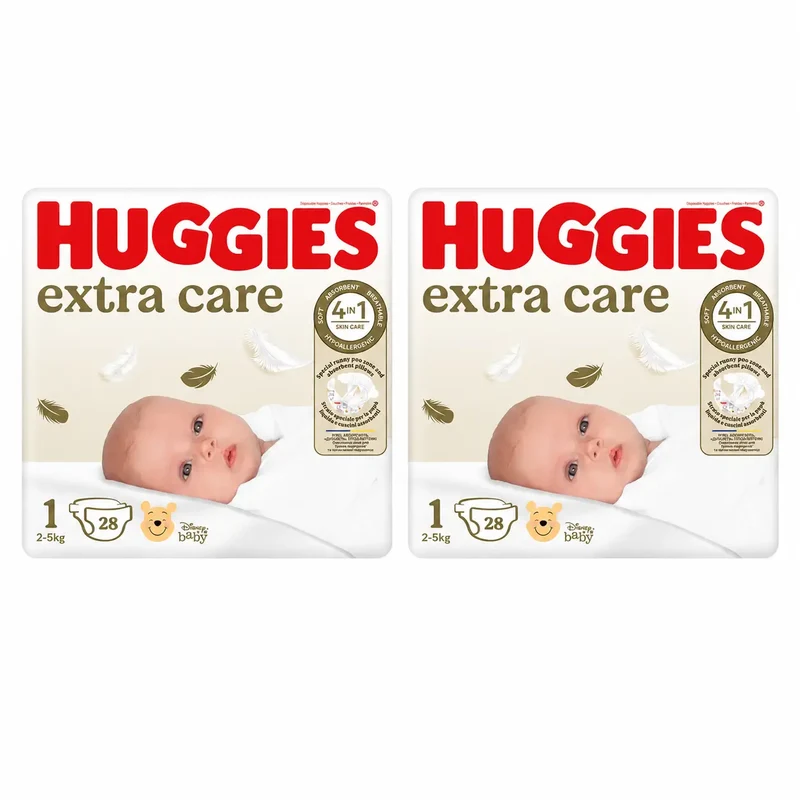 Huggies Extra Care Size 1 (2-5 Kg) Disney Baby Nappy, 28 pieces, pack 2