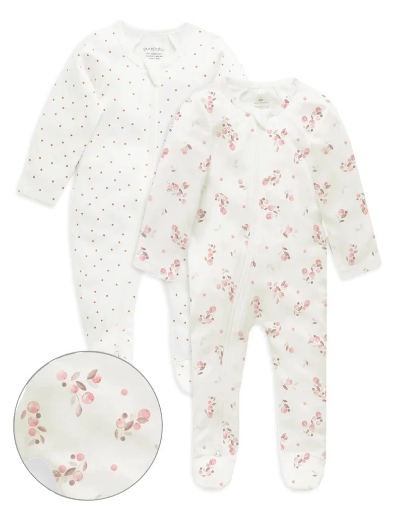 Purebaby - Organic Cotton Printed Zippered Footie - 2 Pack