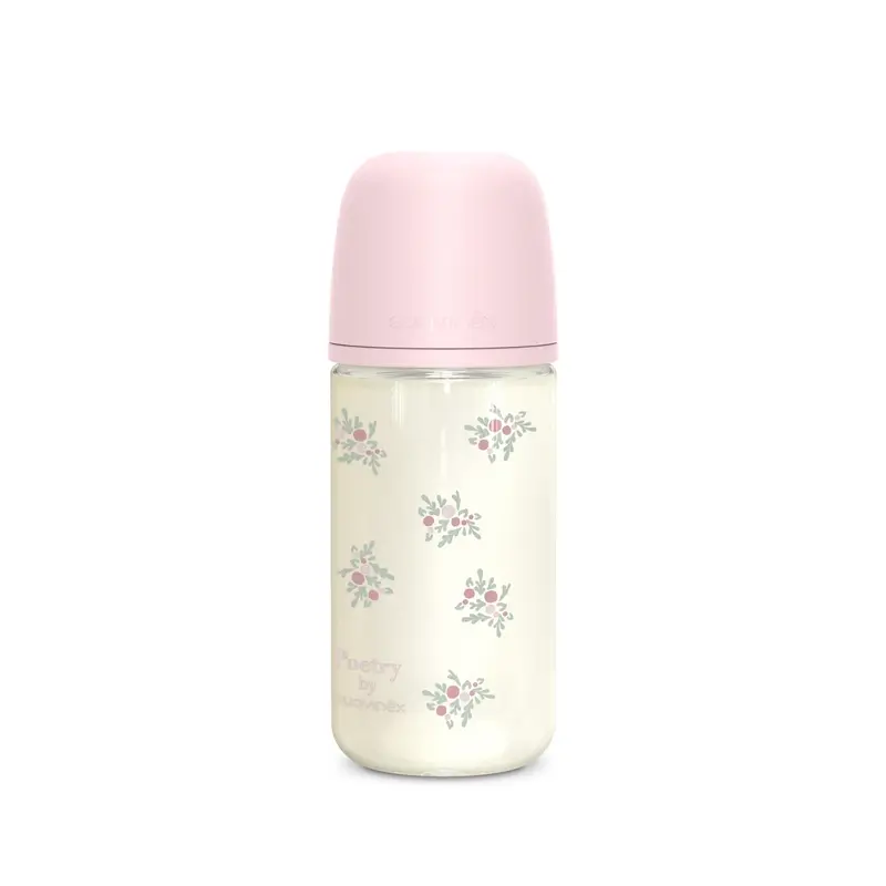Suavinex Baby Bottle Glass 240 Ml, Medium Flow (M), +3 Months, Pink Poetry