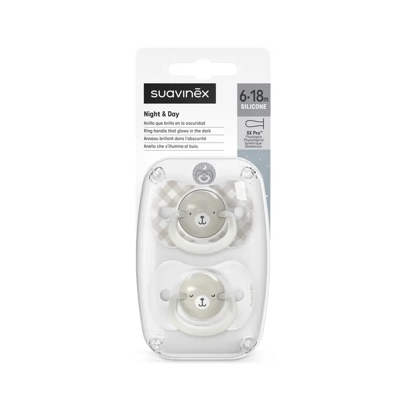 Suavinex Night & Day Night Soothers Sx Pro Teat 6/18 Months Grey, 2 units