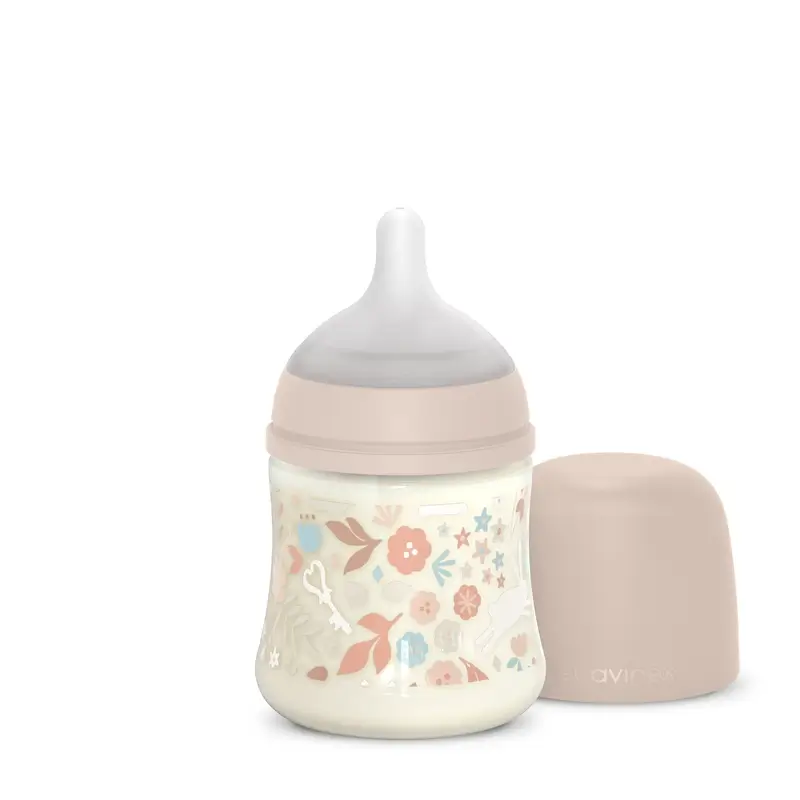 Suavinex Baby Bottle 150 Ml, Slow Flow (S), +0 Months, Wonderland Flowers Pink
